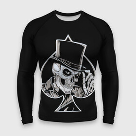 Мужской рашгард 3D с принтом Скелетон в Новосибирске,  |  | background | black | card | cylinder | death | game | hat | skeleton | skull | spades | suit | игра | карты | масть | пики | скелет | фон | цилиндр | череп | черный | шляпа