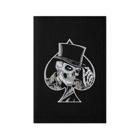 Обложка для паспорта матовая кожа с принтом Скелетон в Новосибирске, натуральная матовая кожа | размер 19,3 х 13,7 см; прозрачные пластиковые крепления | background | black | card | cylinder | death | game | hat | skeleton | skull | spades | suit | игра | карты | масть | пики | скелет | фон | цилиндр | череп | черный | шляпа
