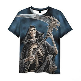 Мужская футболка 3D с принтом Скелетон в Новосибирске, 100% полиэфир | прямой крой, круглый вырез горловины, длина до линии бедер | death | skeleton | skull | капюшон | коса | скелет | череп