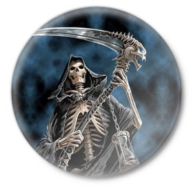 Значок с принтом Скелетон в Новосибирске,  металл | круглая форма, металлическая застежка в виде булавки | Тематика изображения на принте: death | skeleton | skull | капюшон | коса | скелет | череп