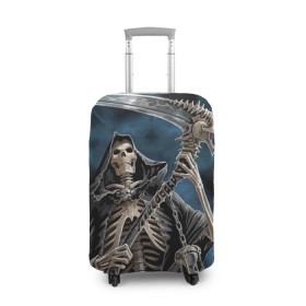 Чехол для чемодана 3D с принтом Скелетон в Новосибирске, 86% полиэфир, 14% спандекс | двустороннее нанесение принта, прорези для ручек и колес | death | skeleton | skull | капюшон | коса | скелет | череп