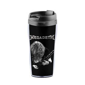 Термокружка-непроливайка с принтом Dave Mustaine в Новосибирске, внутренняя часть — пищевой пластик, наружная часть — прозрачный пластик, между ними — полиграфическая вставка с рисунком | объем — 350 мл, герметичная крышка | Тематика изображения на принте: dave | megadeth | metal | mustaine | rattlehead | rock | thrash | vic | дейв | мастейн | мегадет | метал | рок | треш