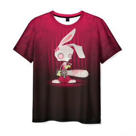 Мужская футболка 3D с принтом Заяц с бензопилой в Новосибирске, 100% полиэфир | прямой крой, круглый вырез горловины, длина до линии бедер | бензопила | девушке | зайка | заяц | красная | мульт | мультфильм | прикол | ужас | цветы