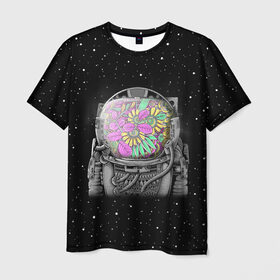 Мужская футболка 3D с принтом Цветочный астонавт в Новосибирске, 100% полиэфир | прямой крой, круглый вырез горловины, длина до линии бедер | astronaut | cosmonaut | cosmos | galaxy | planet | space | star | астронавт | галактика | звезды | космонавт | космос | планета | скафандр | цветы