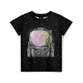 Детская футболка 3D с принтом Цветочный астонавт в Новосибирске, 100% гипоаллергенный полиэфир | прямой крой, круглый вырез горловины, длина до линии бедер, чуть спущенное плечо, ткань немного тянется | astronaut | cosmonaut | cosmos | galaxy | planet | space | star | астронавт | галактика | звезды | космонавт | космос | планета | скафандр | цветы