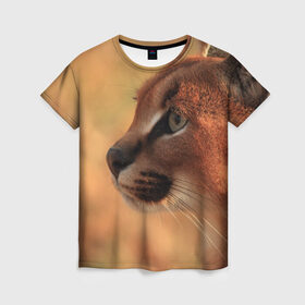 Женская футболка 3D с принтом Рысь в Новосибирске, 100% полиэфир ( синтетическое хлопкоподобное полотно) | прямой крой, круглый вырез горловины, длина до линии бедер | амурский | животные | киса | кот | котенок | кошка | пума | рысь | серый | тигр | хищник