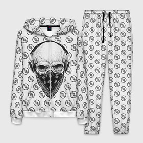 Мужской костюм 3D с принтом Череп в наушниках в Новосибирске, 100% полиэстер | Манжеты и пояс оформлены тканевой резинкой, двухслойный капюшон со шнурком для регулировки, карманы спереди | bone | death | hard | metal | music | rap | rock | skelet | skull | sound | гангстер | готика | звук | кости | меломан | метал | музыка | рок | рэп | скелет | тьма | тяжесть | череп