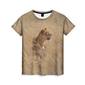 Женская футболка 3D с принтом Львица в траве в Новосибирске, 100% полиэфир ( синтетическое хлопкоподобное полотно) | прямой крой, круглый вырез горловины, длина до линии бедер | амурский | животные | киса | кот | котенок | кошка | лев | львица | пума | рысь | серый | тигр | хищник