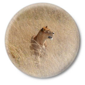 Значок с принтом Львица в траве в Новосибирске,  металл | круглая форма, металлическая застежка в виде булавки | амурский | животные | киса | кот | котенок | кошка | лев | львица | пума | рысь | серый | тигр | хищник