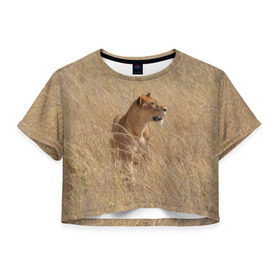 Женская футболка 3D укороченная с принтом Львица в траве в Новосибирске, 100% полиэстер | круглая горловина, длина футболки до линии талии, рукава с отворотами | Тематика изображения на принте: амурский | животные | киса | кот | котенок | кошка | лев | львица | пума | рысь | серый | тигр | хищник