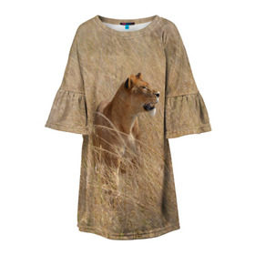 Детское платье 3D с принтом Львица в траве в Новосибирске, 100% полиэстер | прямой силуэт, чуть расширенный к низу. Круглая горловина, на рукавах — воланы | амурский | животные | киса | кот | котенок | кошка | лев | львица | пума | рысь | серый | тигр | хищник
