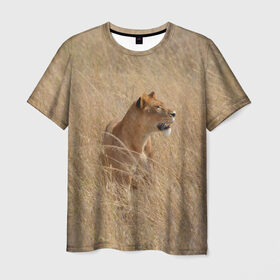 Мужская футболка 3D с принтом Львица в траве в Новосибирске, 100% полиэфир | прямой крой, круглый вырез горловины, длина до линии бедер | Тематика изображения на принте: амурский | животные | киса | кот | котенок | кошка | лев | львица | пума | рысь | серый | тигр | хищник