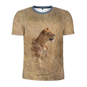 Мужская футболка 3D спортивная с принтом Львица в траве в Новосибирске, 100% полиэстер с улучшенными характеристиками | приталенный силуэт, круглая горловина, широкие плечи, сужается к линии бедра | Тематика изображения на принте: амурский | животные | киса | кот | котенок | кошка | лев | львица | пума | рысь | серый | тигр | хищник