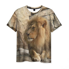Мужская футболка 3D с принтом Лев в Новосибирске, 100% полиэфир | прямой крой, круглый вырез горловины, длина до линии бедер | амурский | животные | киса | кот | котенок | кошка | лев | львица | пума | рысь | серый | тигр | хищник