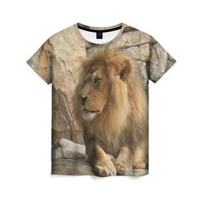 Женская футболка 3D с принтом Лев в Новосибирске, 100% полиэфир ( синтетическое хлопкоподобное полотно) | прямой крой, круглый вырез горловины, длина до линии бедер | амурский | животные | киса | кот | котенок | кошка | лев | львица | пума | рысь | серый | тигр | хищник