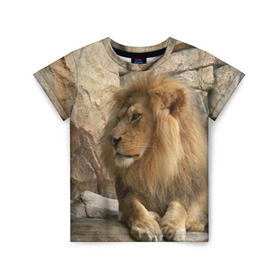 Детская футболка 3D с принтом Лев в Новосибирске, 100% гипоаллергенный полиэфир | прямой крой, круглый вырез горловины, длина до линии бедер, чуть спущенное плечо, ткань немного тянется | Тематика изображения на принте: амурский | животные | киса | кот | котенок | кошка | лев | львица | пума | рысь | серый | тигр | хищник