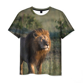 Мужская футболка 3D с принтом Лев в Новосибирске, 100% полиэфир | прямой крой, круглый вырез горловины, длина до линии бедер | амурский | животные | киса | кот | котенок | кошка | лев | львица | пума | рысь | серый | тигр | хищник