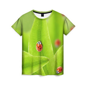 Женская футболка 3D с принтом Жучки на травке в Новосибирске, 100% полиэфир ( синтетическое хлопкоподобное полотно) | прямой крой, круглый вырез горловины, длина до линии бедер | Тематика изображения на принте: жук | зеленый | зелень | красный | насекомые | природа