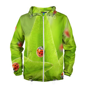Мужская ветровка 3D с принтом Жучки на травке в Новосибирске, 100% полиэстер | подол и капюшон оформлены резинкой с фиксаторами, два кармана без застежек по бокам, один потайной карман на груди | Тематика изображения на принте: жук | зеленый | зелень | красный | насекомые | природа
