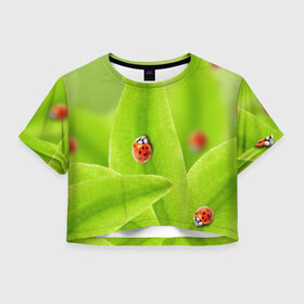 Женская футболка 3D укороченная с принтом Жучки на травке в Новосибирске, 100% полиэстер | круглая горловина, длина футболки до линии талии, рукава с отворотами | Тематика изображения на принте: жук | зеленый | зелень | красный | насекомые | природа