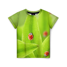Детская футболка 3D с принтом Жучки на травке в Новосибирске, 100% гипоаллергенный полиэфир | прямой крой, круглый вырез горловины, длина до линии бедер, чуть спущенное плечо, ткань немного тянется | жук | зеленый | зелень | красный | насекомые | природа