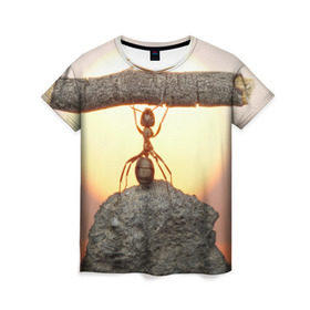 Женская футболка 3D с принтом Муравей в Новосибирске, 100% полиэфир ( синтетическое хлопкоподобное полотно) | прямой крой, круглый вырез горловины, длина до линии бедер | ветка | жук | закат | камень | муравей | насекомые | природа