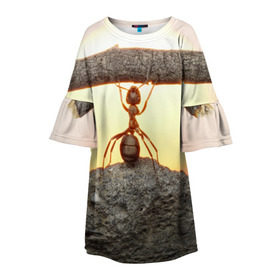 Детское платье 3D с принтом Муравей в Новосибирске, 100% полиэстер | прямой силуэт, чуть расширенный к низу. Круглая горловина, на рукавах — воланы | Тематика изображения на принте: ветка | жук | закат | камень | муравей | насекомые | природа