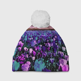 Шапка 3D c помпоном с принтом Поле тюльпанов в Новосибирске, 100% полиэстер | универсальный размер, печать по всей поверхности изделия | flower | весна | поле | полевой цветок | природа | цветочки | цветы