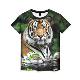 Женская футболка 3D с принтом Тигр в джунглях в Новосибирске, 100% полиэфир ( синтетическое хлопкоподобное полотно) | прямой крой, круглый вырез горловины, длина до линии бедер | амурский | животные | зверь | киса | кот | котенок | кошка | тигр | хищник