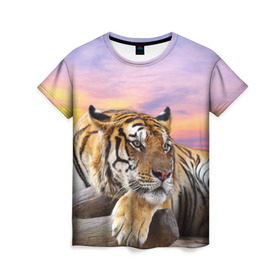 Женская футболка 3D с принтом Тигр в Новосибирске, 100% полиэфир ( синтетическое хлопкоподобное полотно) | прямой крой, круглый вырез горловины, длина до линии бедер | амурский | животные | зверь | киса | кот | котенок | кошка | тигр | хищник
