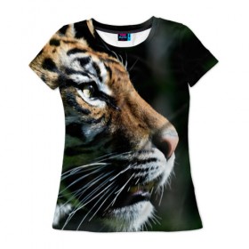Женская футболка 3D с принтом Тигр в Новосибирске, 100% полиэфир ( синтетическое хлопкоподобное полотно) | прямой крой, круглый вырез горловины, длина до линии бедер | 