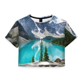 Женская футболка 3D укороченная с принтом Горная река в Новосибирске, 100% полиэстер | круглая горловина, длина футболки до линии талии, рукава с отворотами | озеро | пейзаж | скалы