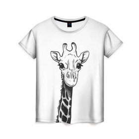 Женская футболка 3D с принтом Жираф в Новосибирске, 100% полиэфир ( синтетическое хлопкоподобное полотно) | прямой крой, круглый вырез горловины, длина до линии бедер | арт | взгляд | глаза | животные | жираф | прикольные