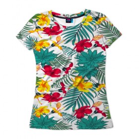 Женская футболка 3D с принтом Тропический узор в Новосибирске, 100% полиэфир ( синтетическое хлопкоподобное полотно) | прямой крой, круглый вырез горловины, длина до линии бедер | flower | тропики | тропический p | цветочки | цветы