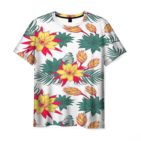 Мужская футболка 3D с принтом Tropical Pattern в Новосибирске, 100% полиэфир | прямой крой, круглый вырез горловины, длина до линии бедер | Тематика изображения на принте: flower | поле | тропики | тропический | цветочки | цветы