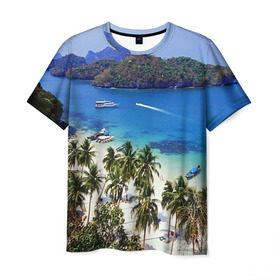 Мужская футболка 3D с принтом Таиланд в Новосибирске, 100% полиэфир | прямой крой, круглый вырез горловины, длина до линии бедер | beach | clouds | islands | palm trees | people | sand | sea | ships | sky | thailand | tourism | корабли | люди | море | небо | облака | острова | пальмы | песок | пляж | таиланд | туризм