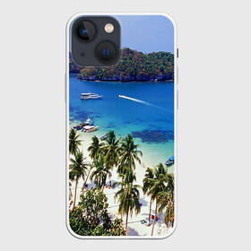 Чехол для iPhone 13 mini с принтом Таиланд в Новосибирске,  |  | beach | clouds | islands | palm trees | people | sand | sea | ships | sky | thailand | tourism | корабли | люди | море | небо | облака | острова | пальмы | песок | пляж | таиланд | туризм