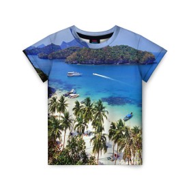 Детская футболка 3D с принтом Таиланд в Новосибирске, 100% гипоаллергенный полиэфир | прямой крой, круглый вырез горловины, длина до линии бедер, чуть спущенное плечо, ткань немного тянется | beach | clouds | islands | palm trees | people | sand | sea | ships | sky | thailand | tourism | корабли | люди | море | небо | облака | острова | пальмы | песок | пляж | таиланд | туризм