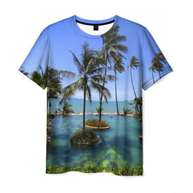 Мужская футболка 3D с принтом Таиланд в Новосибирске, 100% полиэфир | прямой крой, круглый вырез горловины, длина до линии бедер | clouds | hiking | sea | sky | swimming pool | thailand | trees | бассейн | море | небо | облака | пальмы | таиланд | туризм