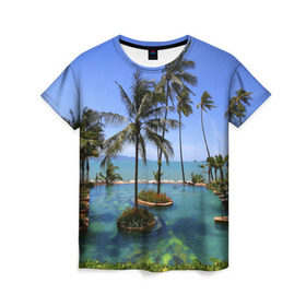 Женская футболка 3D с принтом Таиланд в Новосибирске, 100% полиэфир ( синтетическое хлопкоподобное полотно) | прямой крой, круглый вырез горловины, длина до линии бедер | clouds | hiking | sea | sky | swimming pool | thailand | trees | бассейн | море | небо | облака | пальмы | таиланд | туризм