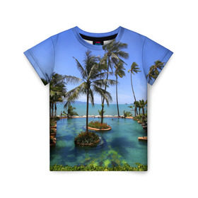 Детская футболка 3D с принтом Таиланд в Новосибирске, 100% гипоаллергенный полиэфир | прямой крой, круглый вырез горловины, длина до линии бедер, чуть спущенное плечо, ткань немного тянется | clouds | hiking | sea | sky | swimming pool | thailand | trees | бассейн | море | небо | облака | пальмы | таиланд | туризм