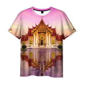 Мужская футболка 3D с принтом Таиланд в Новосибирске, 100% полиэфир | прямой крой, круглый вырез горловины, длина до линии бедер | landmark | reflection | temple | thailand | tourism | water | вода | достопримечательность | отражение | таиланд | туризм | храм