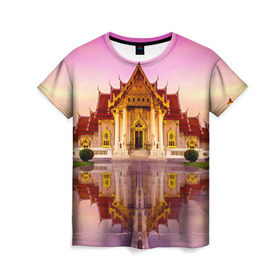 Женская футболка 3D с принтом Таиланд в Новосибирске, 100% полиэфир ( синтетическое хлопкоподобное полотно) | прямой крой, круглый вырез горловины, длина до линии бедер | landmark | reflection | temple | thailand | tourism | water | вода | достопримечательность | отражение | таиланд | туризм | храм