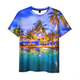 Мужская футболка 3D с принтом Таиланд в Новосибирске, 100% полиэфир | прямой крой, круглый вырез горловины, длина до линии бедер | clouds | pool | reflection | sea | sky | sunset | thailand | tourism | trees | water | бассейн | вода | закат | море | небо | облака | отражение | пальмы | таиланд | туризм