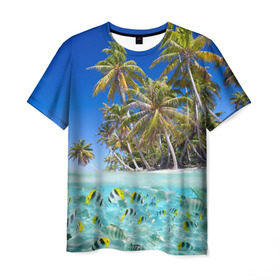 Мужская футболка 3D с принтом Таиланд в Новосибирске, 100% полиэфир | прямой крой, круглый вырез горловины, длина до линии бедер | clouds | fish | nature | palm trees | sea | sky | thailand | tourism | water | вода | море | небо | облака | пальмы | природа | рыбки | таиланд | туризм
