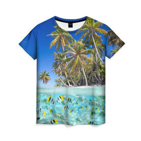 Женская футболка 3D с принтом Таиланд в Новосибирске, 100% полиэфир ( синтетическое хлопкоподобное полотно) | прямой крой, круглый вырез горловины, длина до линии бедер | clouds | fish | nature | palm trees | sea | sky | thailand | tourism | water | вода | море | небо | облака | пальмы | природа | рыбки | таиланд | туризм