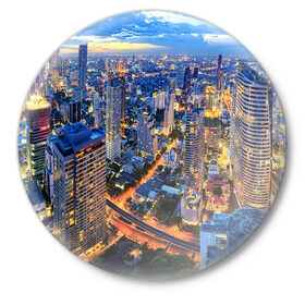 Значок с принтом Таиланд в Новосибирске,  металл | круглая форма, металлическая застежка в виде булавки | architecture | bangkok | city | lights | night | sky | skyscrapers | sunset | thailand | архитектура | бангкок | город | закат | небо | ночь | огни | таиланд