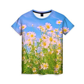 Женская футболка 3D с принтом Ромашка в Новосибирске, 100% полиэфир ( синтетическое хлопкоподобное полотно) | прямой крой, круглый вырез горловины, длина до линии бедер | flower | лето | полевой цветок | цветочки | цветы
