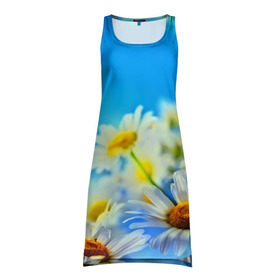 Платье-майка 3D с принтом Ромашка полевая в Новосибирске, 100% полиэстер | полуприлегающий силуэт, широкие бретели, круглый вырез горловины, удлиненный подол сзади. | flower | лето | поле | полевой цветок | цветочки | цветы