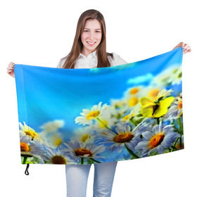 Флаг 3D с принтом Ромашка полевая в Новосибирске, 100% полиэстер | плотность ткани — 95 г/м2, размер — 67 х 109 см. Принт наносится с одной стороны | Тематика изображения на принте: flower | лето | поле | полевой цветок | цветочки | цветы